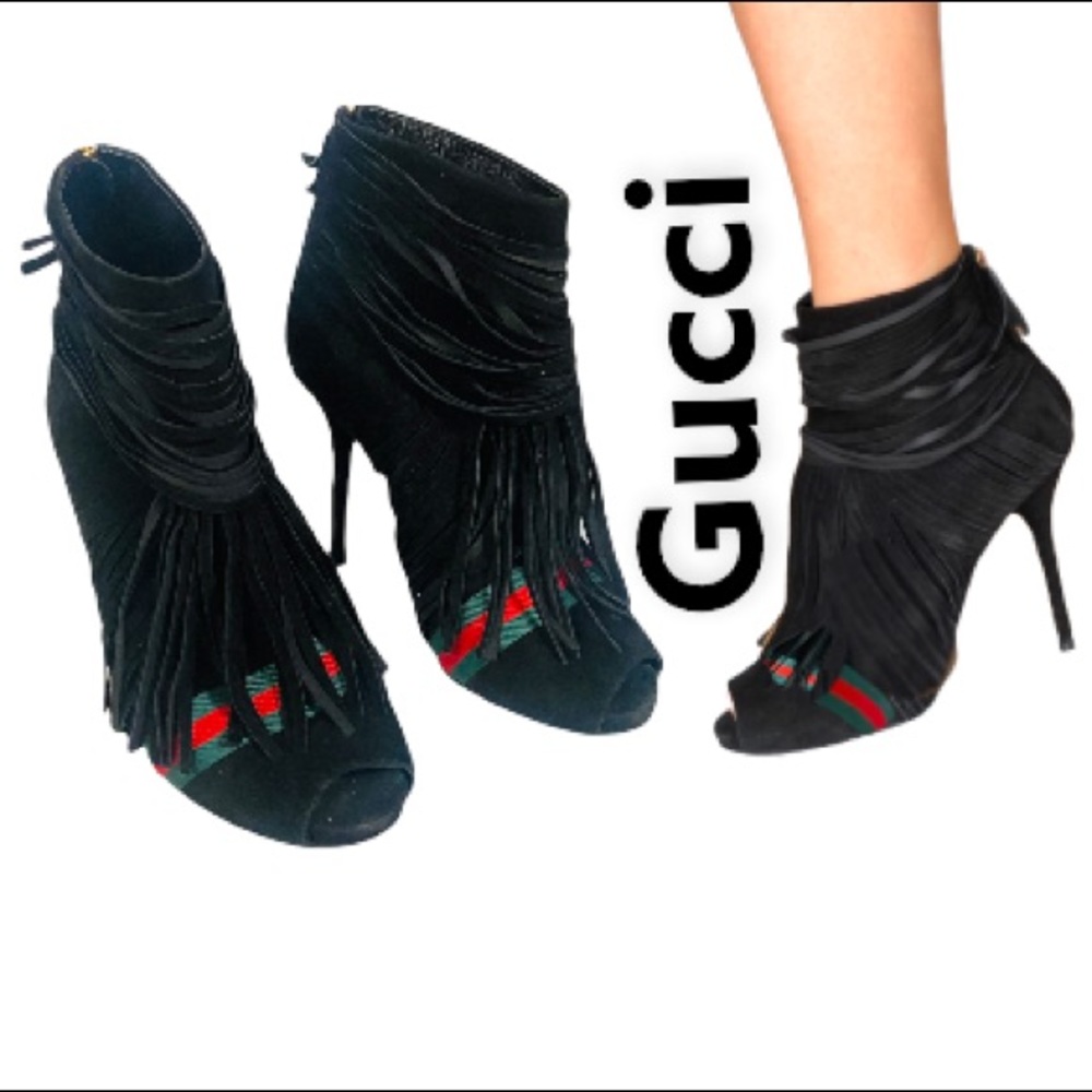 Gucci Black Heeled Boots with Red and Green Accents